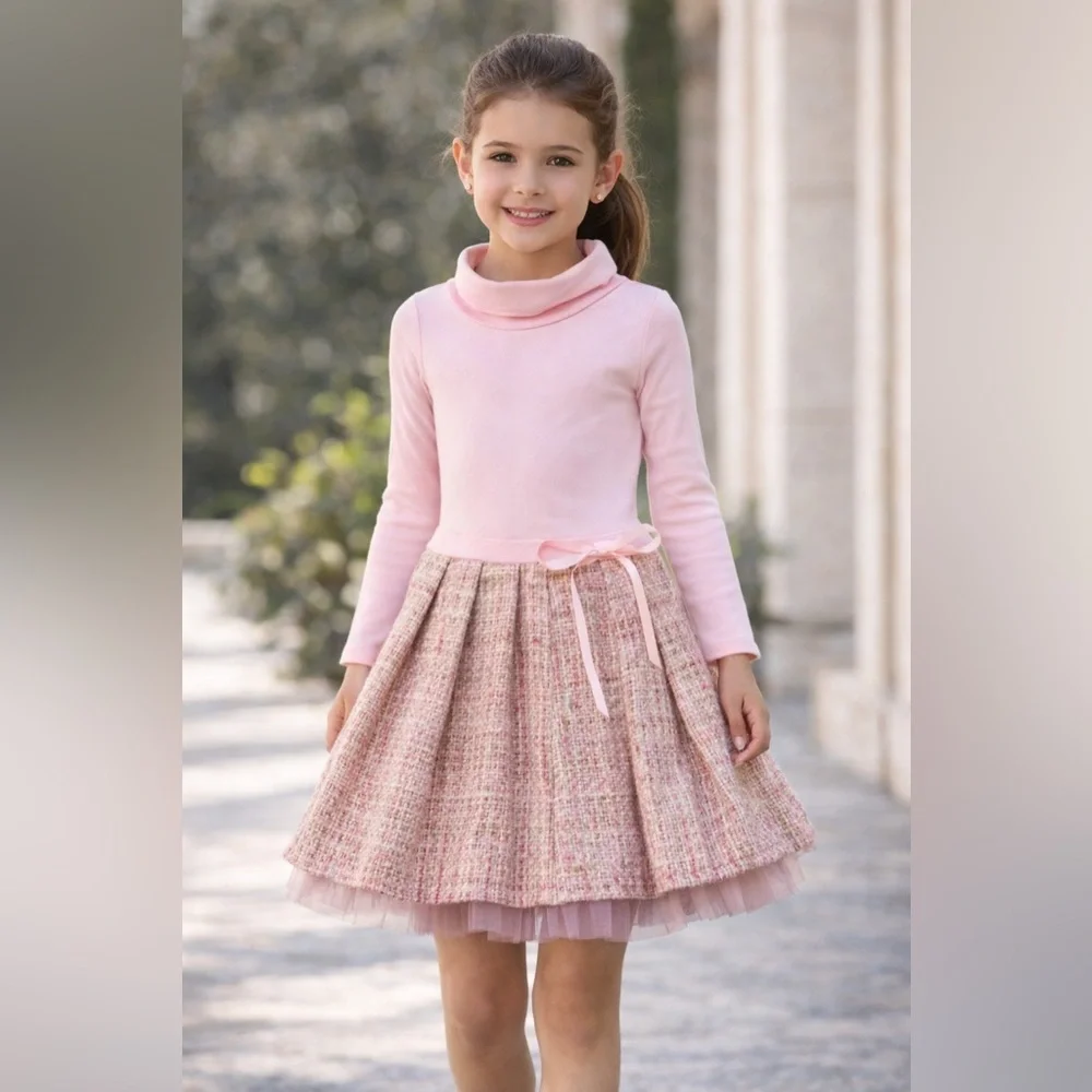 Dolls & Divas Pink Pleated Tweed Skirt Mock‎ Turtleneck Girls Dress Sz 6 NWT